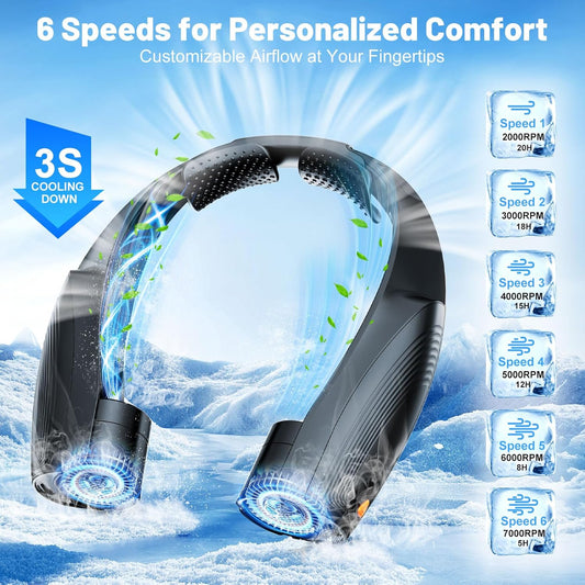 AI Portable Neck Fan with 6 Powerful Speeds, 8000Mah Battery Operated USB-C Rechargeable Fan, Hands-Free 360° Cooling Neck Fan,Twistable,Ultra-Quiet Personal Fan for Women Men Office Travel(Black)