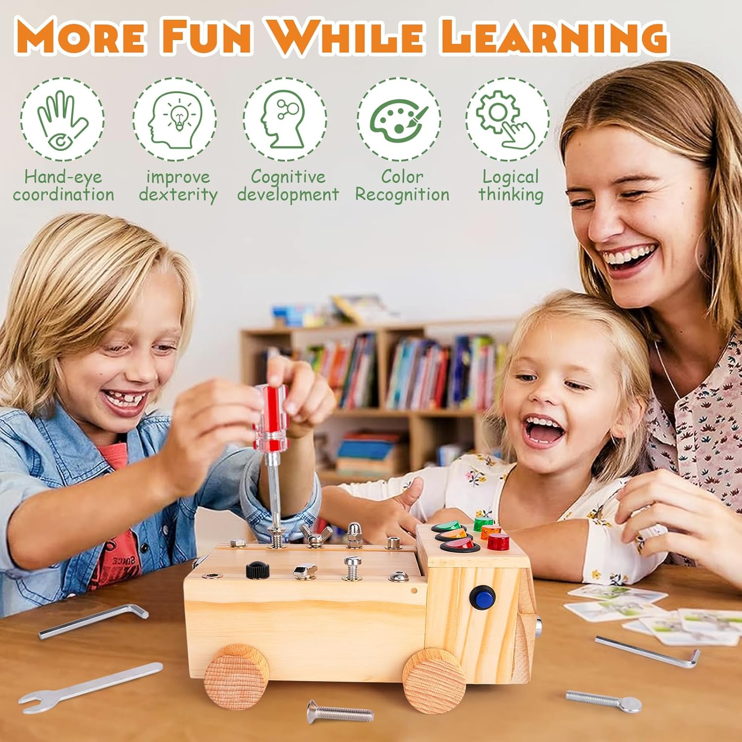 Busy Board,Montessori Screwdriver Board Set for 2-6 Years Old,Montessori Busy Board with LED Light,Wooden Sensory Toys for Boys & Girls,Christmas & Birthday Gift