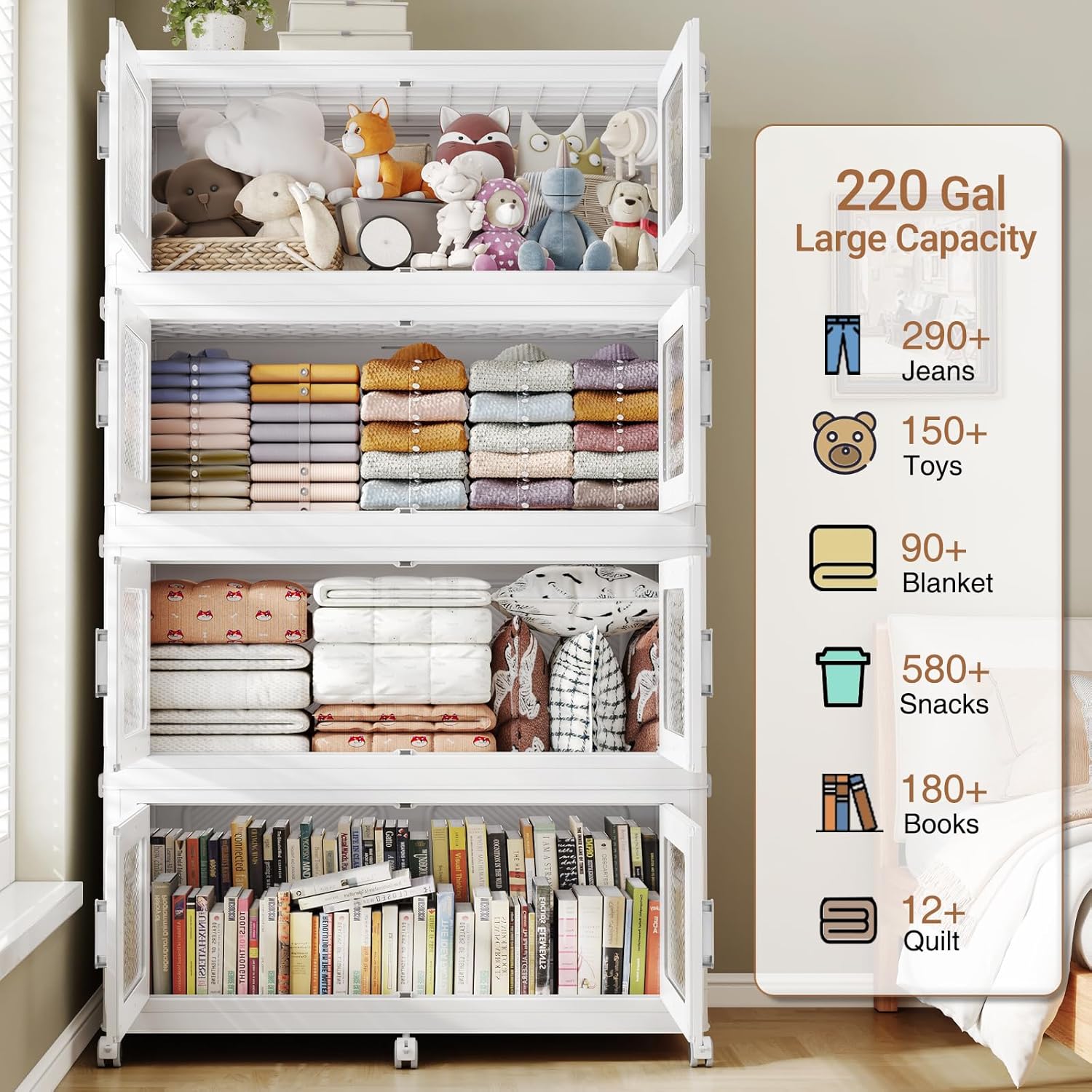 165Gal Extra Large Storage Bins with Lid, 660Qt Plastic Stackable Storage Bins with Wheels, Collapsible Closet Organizer and Storage Drawers, Storage Cabinets for Home, Office, 3 Pack, White