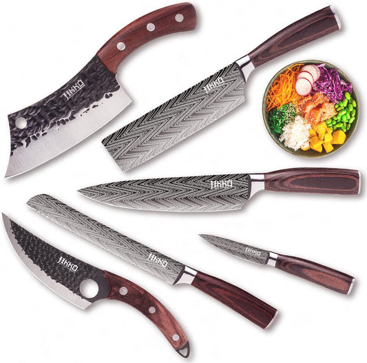 New Reinforced Carbon Steel Japanese Kitchen Knife Set – Diamondrazor Series – Ultra Sharp Japanese Knife Set & Chef Knife Set with Mahogany & Walnut Wood Handles – Professional Chef'S Knives