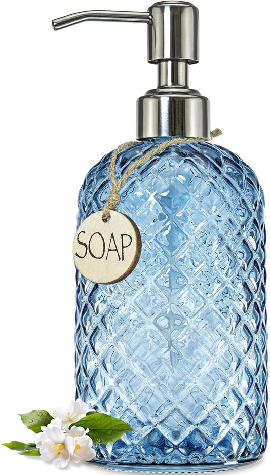18Oz Gem Patterned Glass Soap Dispenser for Kitchen, Refillable Hand Soap Dispenser with Rust Proof Stainless Steel Pump, Clear Soap Dispenser Bathroom for Dish Soap, Hand Soap, Lotion(Blue)
