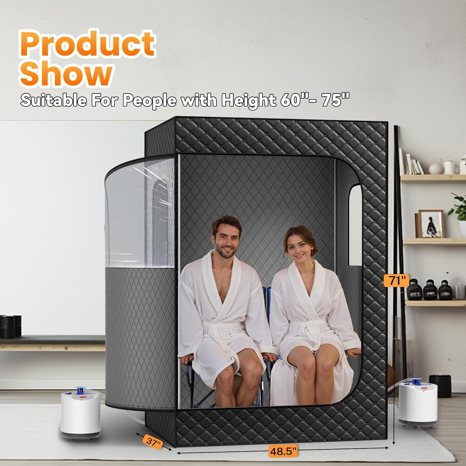 2 Person Portable Steam Sauna for Home, 1 or 2 Person Full Body Home Spa with 2 Foldable Chairs,9 Levels of Sauna Box with Remote Control, (Black, Large)