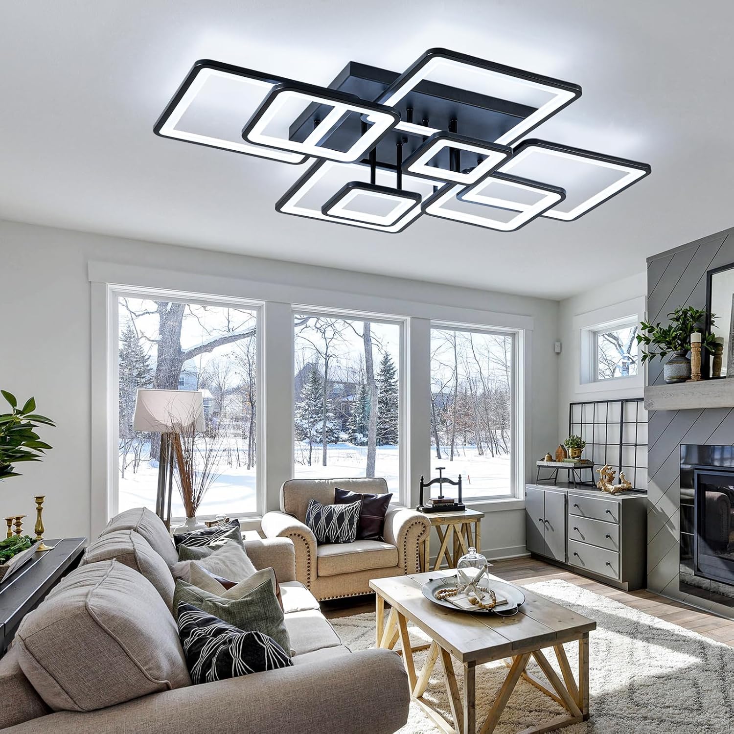 Modern LED Ceiling Light, Dimmable LED Chandelier Black Flush Mount Ceiling Lights, Remote Control Acrylic Ring Ceiling Lamp Fixture for Living Room Dining Room Bedroom, 8H-FANG-BL-04