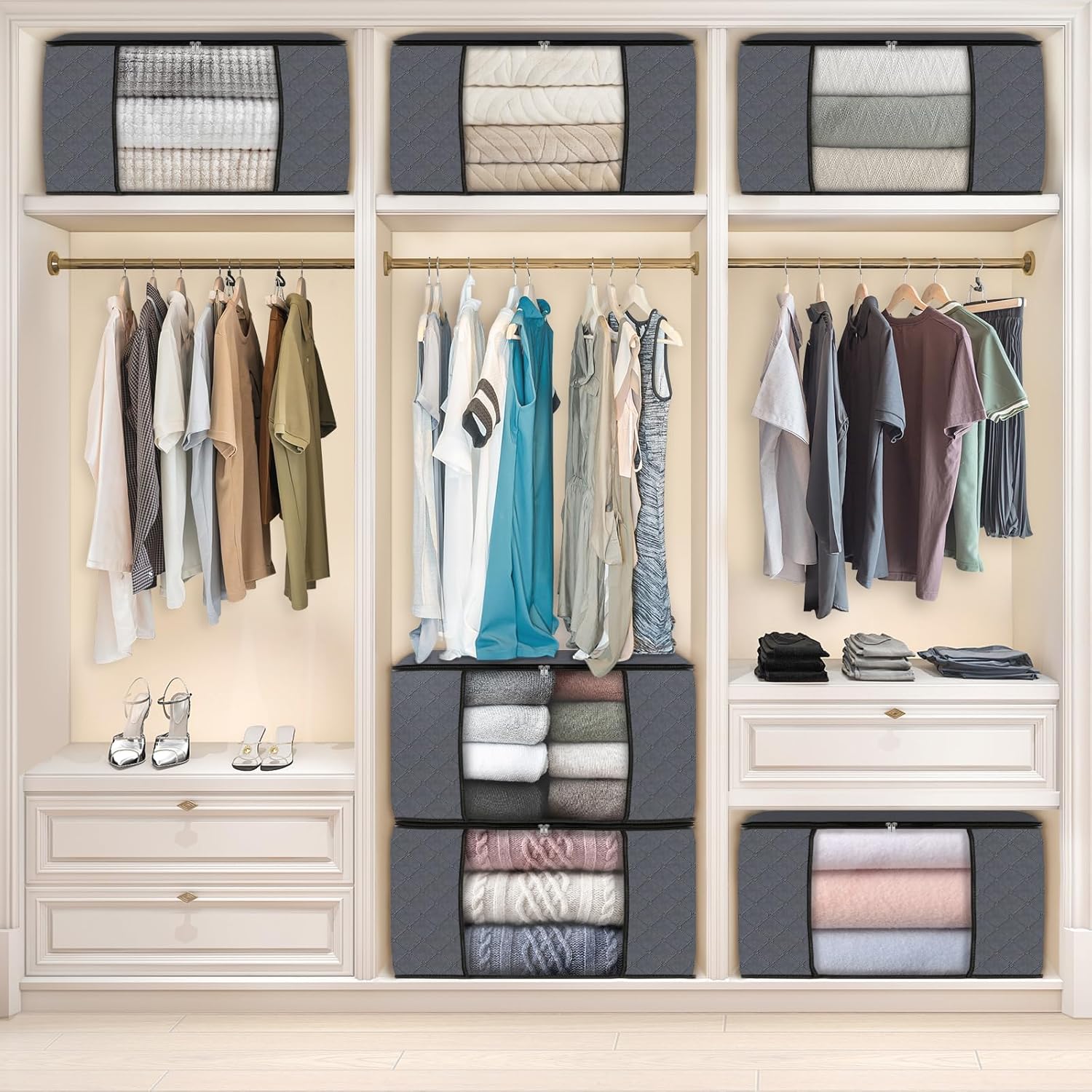 6 Pack Clothes Storage, Foldable Thick Fabric Blanket Storage Bags, Containers for Organizing Bedroom, Closet, Clothing, Comforter,Closet Organization with Handle,Grey