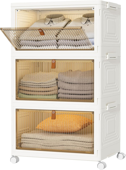 HOMIDEC Closet Organizers and Storage 70Qt 3 Pack Stackable Storage Bins with 1 Lid Closet Organizer Boxes for Clothes Foldable Storage Box for Clothes/Toys/Office Supplies/Snacks(23Qt X 3)