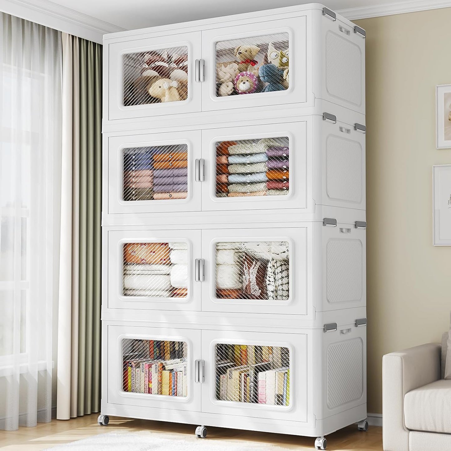 165Gal Extra Large Storage Bins with Lid, 660Qt Plastic Stackable Storage Bins with Wheels, Collapsible Closet Organizer and Storage Drawers, Storage Cabinets for Home, Office, 3 Pack, White
