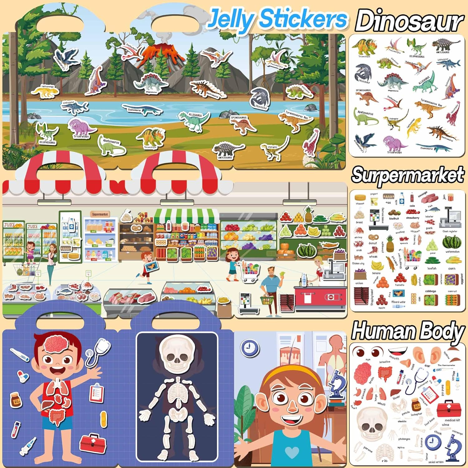 6 Sets Reusable Sticker Books for Toddlers 1-3, Jelly Sticker Books for Toddlers 2-4 Years, Toddler Travel Toys for Kids 2 3 4 Year Old Girls Boys