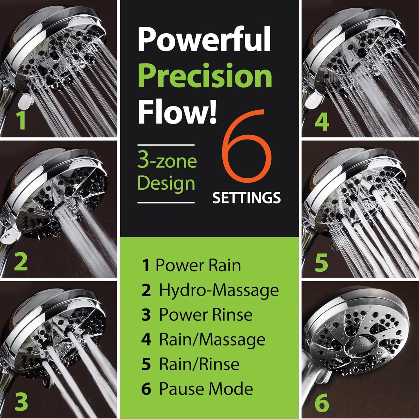 High Pressure 6-Setting 3.5" Chrome Face Handheld Shower with Hose for the Ultimate Shower Experience! Officially Independently Tested to Meet Strict US Quality & Performance Standards!