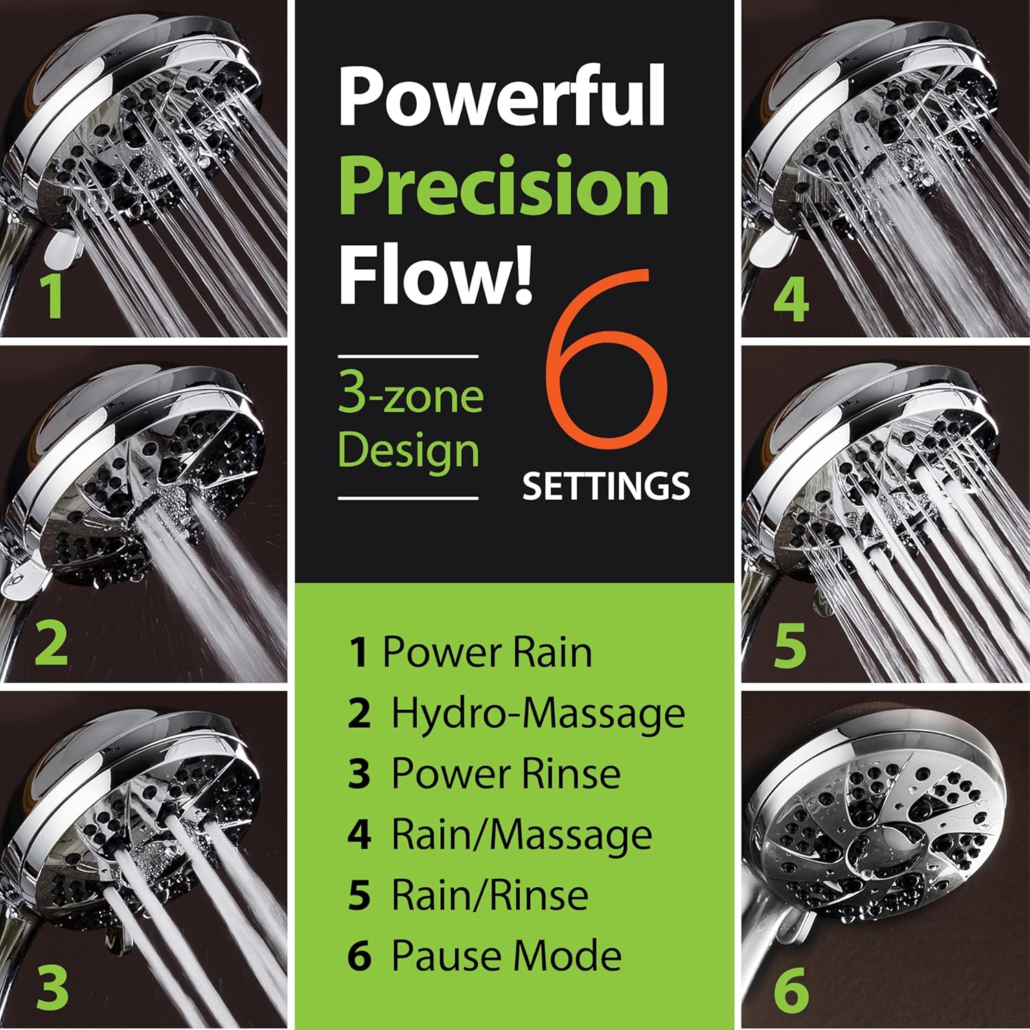 High Pressure 6-Setting 3.5" Chrome Face Handheld Shower with Hose for the Ultimate Shower Experience! Officially Independently Tested to Meet Strict US Quality & Performance Standards!