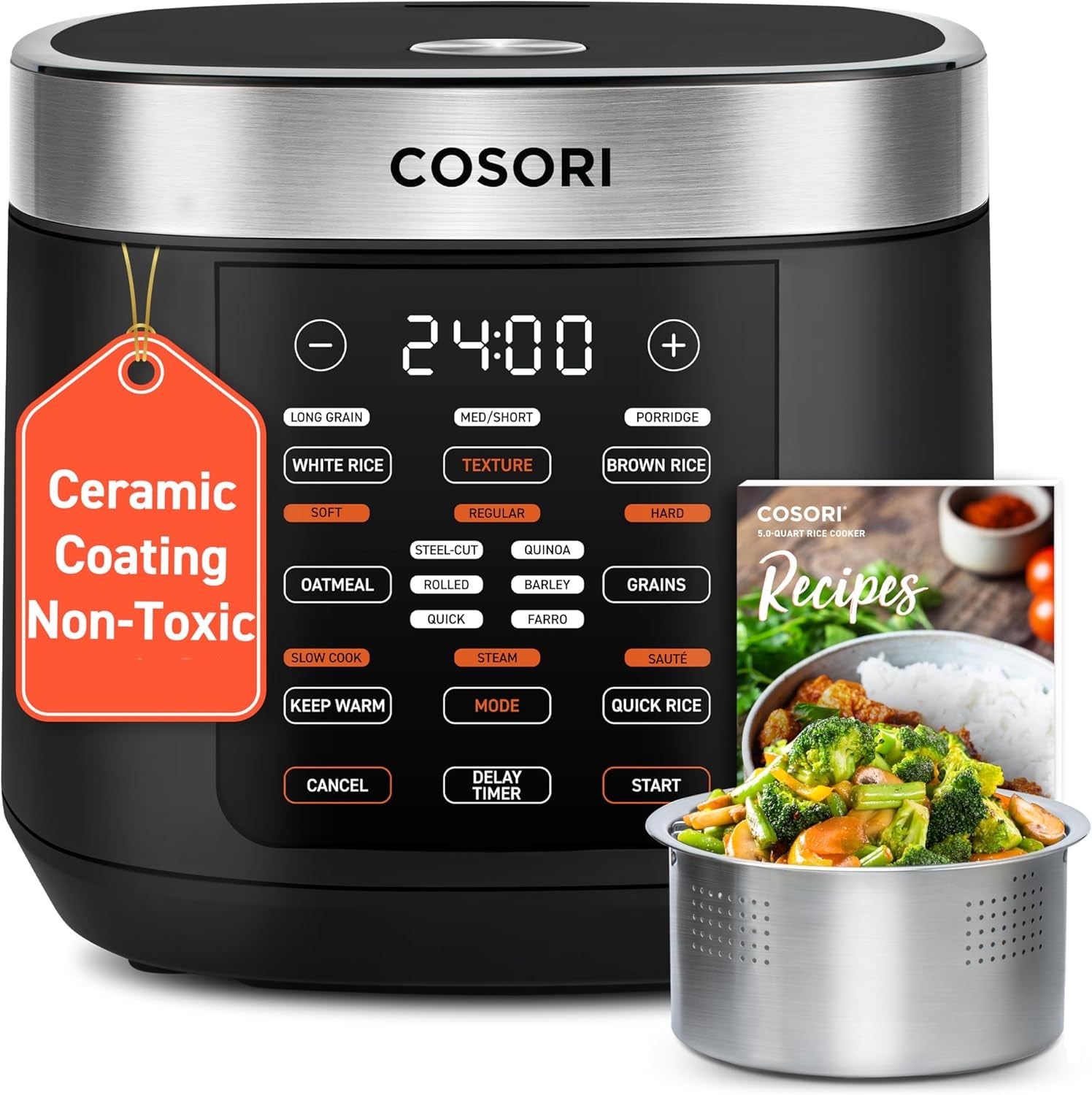 Rice Cooker 10 Cup, 24H Keep Warm, 18 Functions Fuzzy Logic Rice Maker with Stainless Steel Steamer Basket, Sauté, Slow Cooker, Black