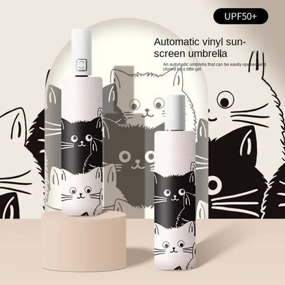 1Pc Simple Cartoon Kittens Printed Black and White Automatic Umbrella, Sunny and Rainy Dual-Use UV Protection Umbrella