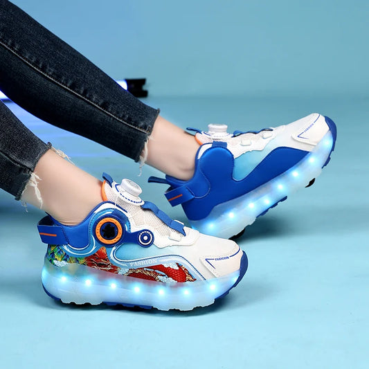 Children Four Wheels Luminous Glowing Sneakers Black Pink Led Light Roller Skate Shoes Kids Led Shoes Boys Girls USB Charging