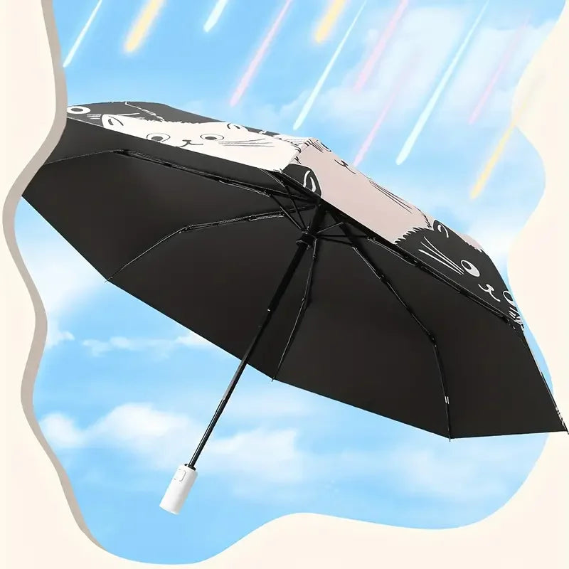 1Pc Simple Cartoon Kittens Printed Black and White Automatic Umbrella, Sunny and Rainy Dual-Use UV Protection Umbrella