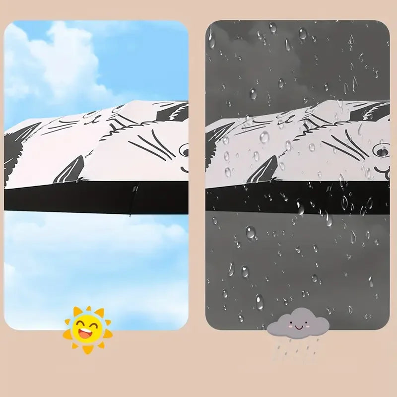 1Pc Simple Cartoon Kittens Printed Black and White Automatic Umbrella, Sunny and Rainy Dual-Use UV Protection Umbrella