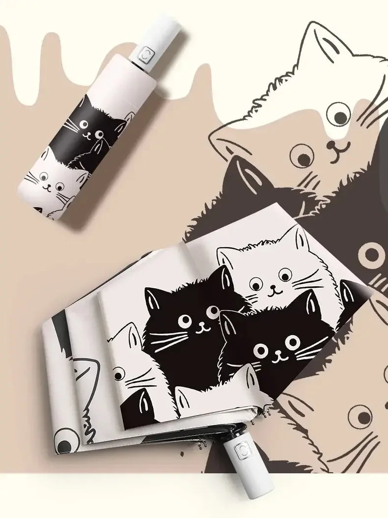 1Pc Simple Cartoon Kittens Printed Black and White Automatic Umbrella, Sunny and Rainy Dual-Use UV Protection Umbrella