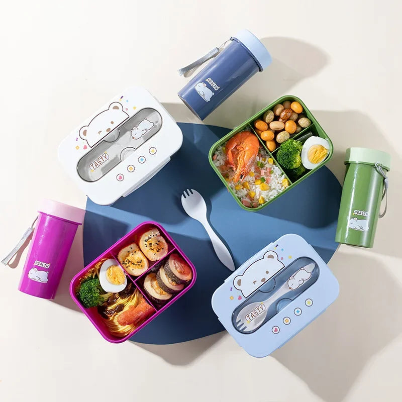 Cartoon Lunch Box Mug Set Portable Plastic Bento Box with Fork Kid'S Lunch Box Food Storage Container Food Holder