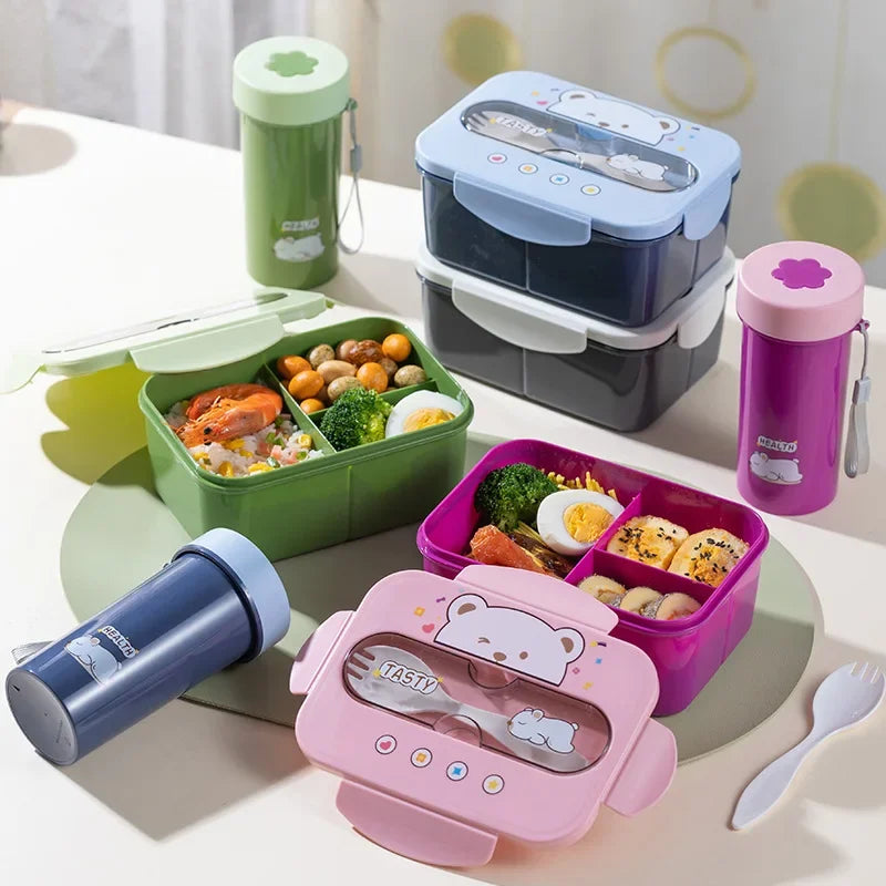Cartoon Lunch Box Mug Set Portable Plastic Bento Box with Fork Kid'S Lunch Box Food Storage Container Food Holder
