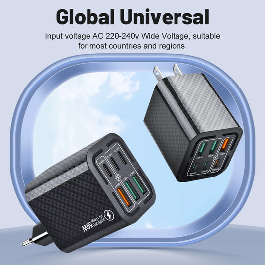 Total 150W USB Charger 6 Ports Type C Fast Charging Mobile Phone Wall Adapter EU/US Plug for Iphone 15 Samsung Xiaomi Huawei