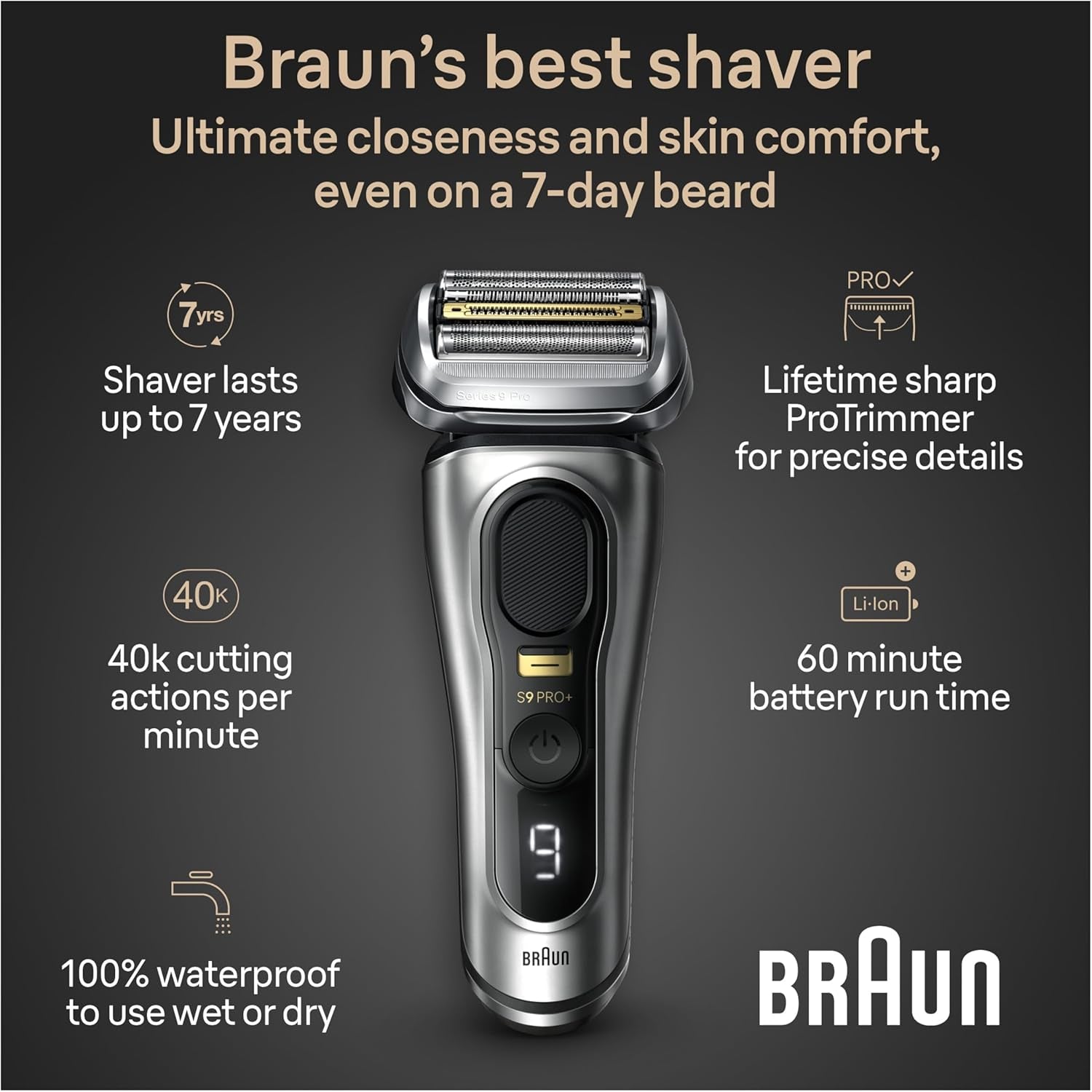 Braun Series 9 9517S PRO+ Electric Razor for Men, 5 Pro Shave Elements & Precision Long Hair Protrimmer, Charging Stand, Braun’S Best for Smooth Skin, Wet & Dry Electric Razor with 60Min Runtime