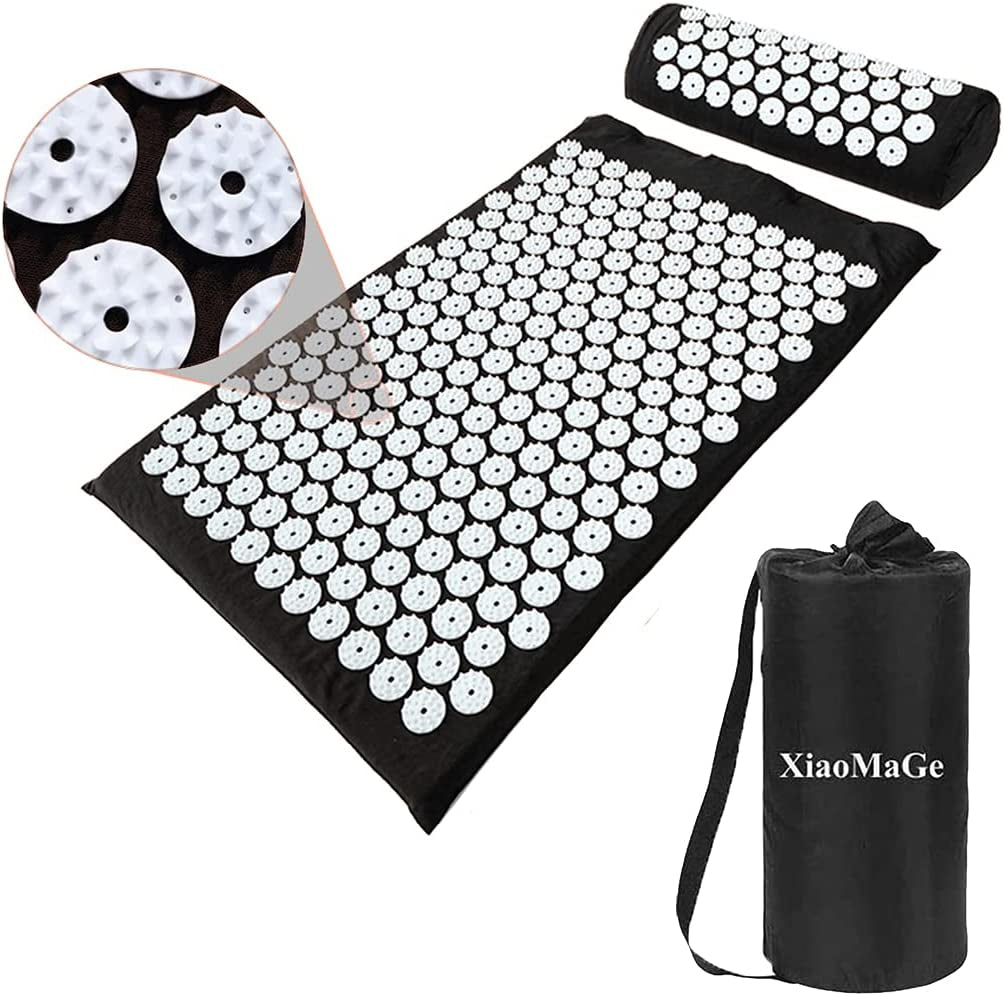 Xiaomage Acupressure Mat and Pillow Set with Bag - Large Size 28.7 X 16.5 Inch Acupuncture Mat for Neck & Back Pain, Muscle Relaxation Stress Relief, Sciatica Pain Relief Pillow (Black)