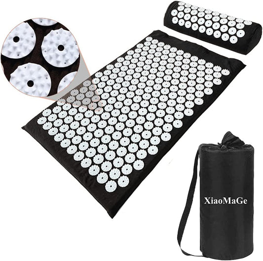 Xiaomage Acupressure Mat and Pillow Set with Bag - Large Size 28.7 X 16.5 Inch Acupuncture Mat for Neck & Back Pain, Muscle Relaxation Stress Relief, Sciatica Pain Relief Pillow (Black)