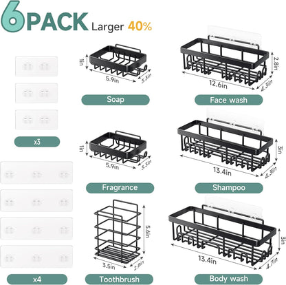 Stainless Steel Shower Caddy 6-Pack, No Drilling & Rustproof, Waterproof Adhesive Shelves Rack with Soap Holder, Large Capacity Bathroom Organizers and Storage, Wall-Mounted Kitchen & Home Decor